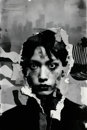 Fragmented Monochrome Collage style reference image — torn paper collage