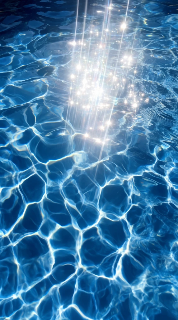 An overhead close-up of vibrant blue swimming pool water illuminated by intense sunlight. The undulating surface features an intricate, web-like pattern of glowing white light caustics refracting through gentle ripples, creating gradients from deep navy shadows to bright cyan peaks. Concentrated sunbeams strike the upper center, generating a dense cluster of brilliant starburst lens flares and elongated vertical streaks of sparkling white light. The high-contrast composition emphasizes crisp geometric reflections and a deeply luminous, glistening fluid texture.