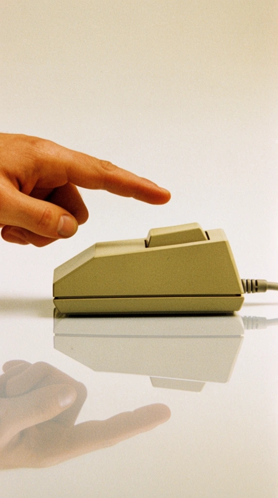 A human hand with its index finger extended horizontally hovers just left of a vintage, blocky, beige computer mouse featuring a single prominent rectangular button on top. The hand and mouse are positioned on a highly reflective, glossy white surface, creating sharp, perfectly mirrored reflections directly beneath them. A thick grey cable extends from the back of the geometric mouse. The minimalist composition features a seamless off-white background and warm, slightly grainy lighting characteristic of retro macro product photography.