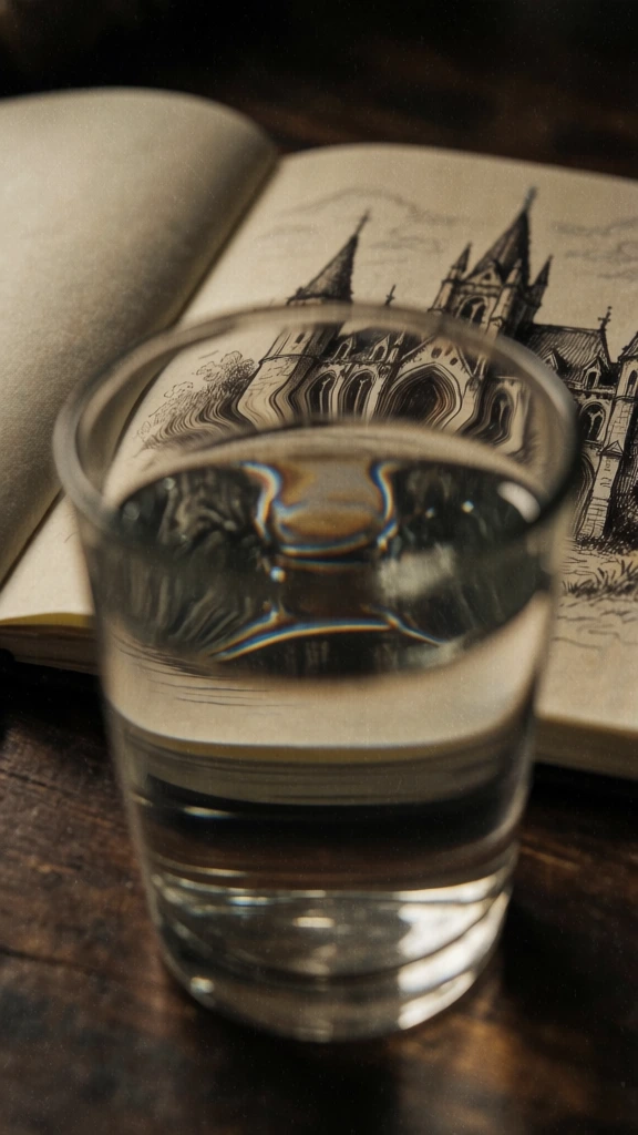 low-key moody photography, gothic cathedral drawing in an open notebook seen through a glass of water, extreme optical refraction and horizontal distortion, warm sepia tones, heavy film grain, shallow depth of field, earthy browns and deep shadows, soft side lighting, intimate macro composition, vintage aesthetic, textured paper, intricate spires and arches blurred and stretched by water, surreal atmosphere, dramatic lens effects, organic textures.
