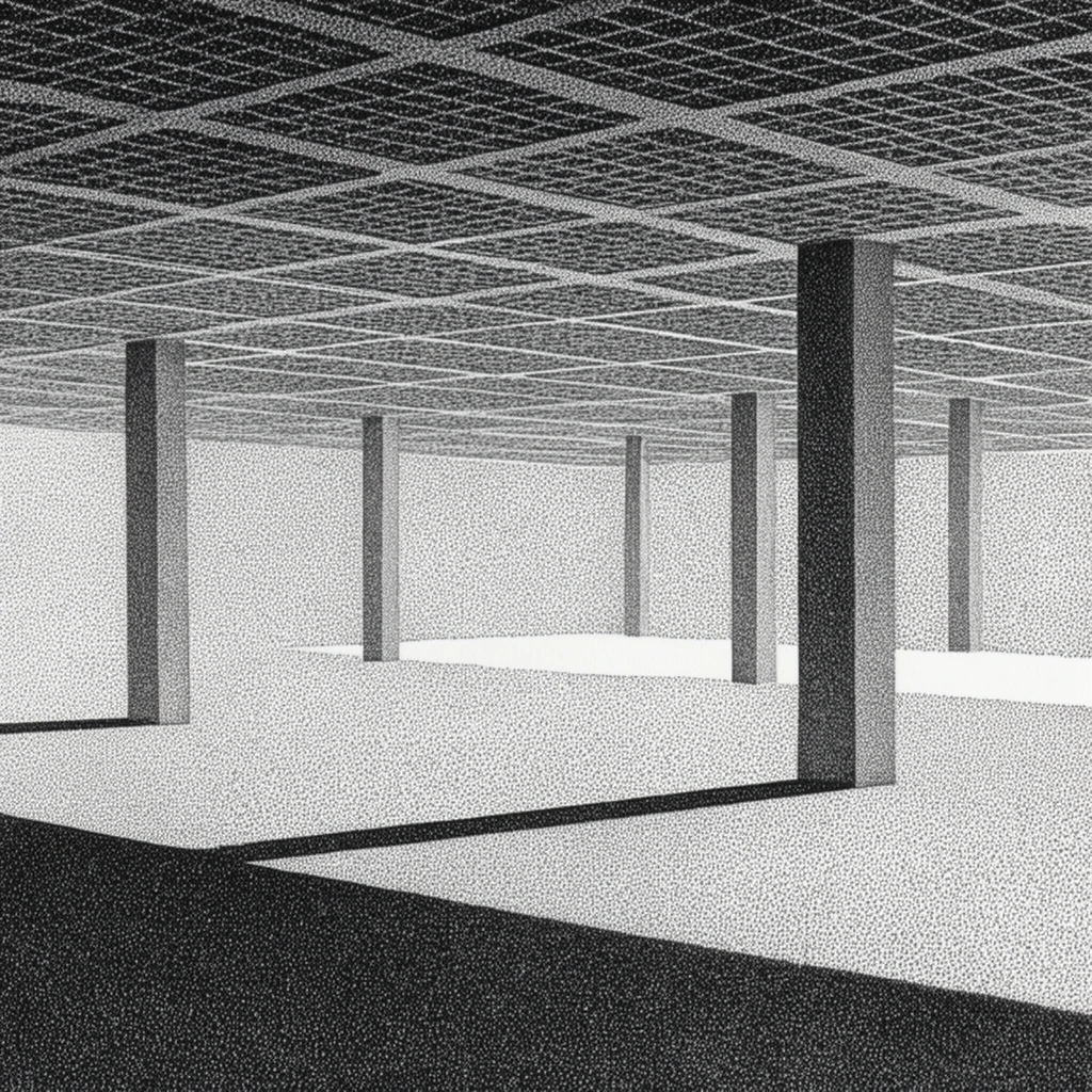 Minimalist architectural space, black and white stippled drawing, rectangular columns, flat grid ceiling, stark geometric shadows, grainy pointillism, high contrast