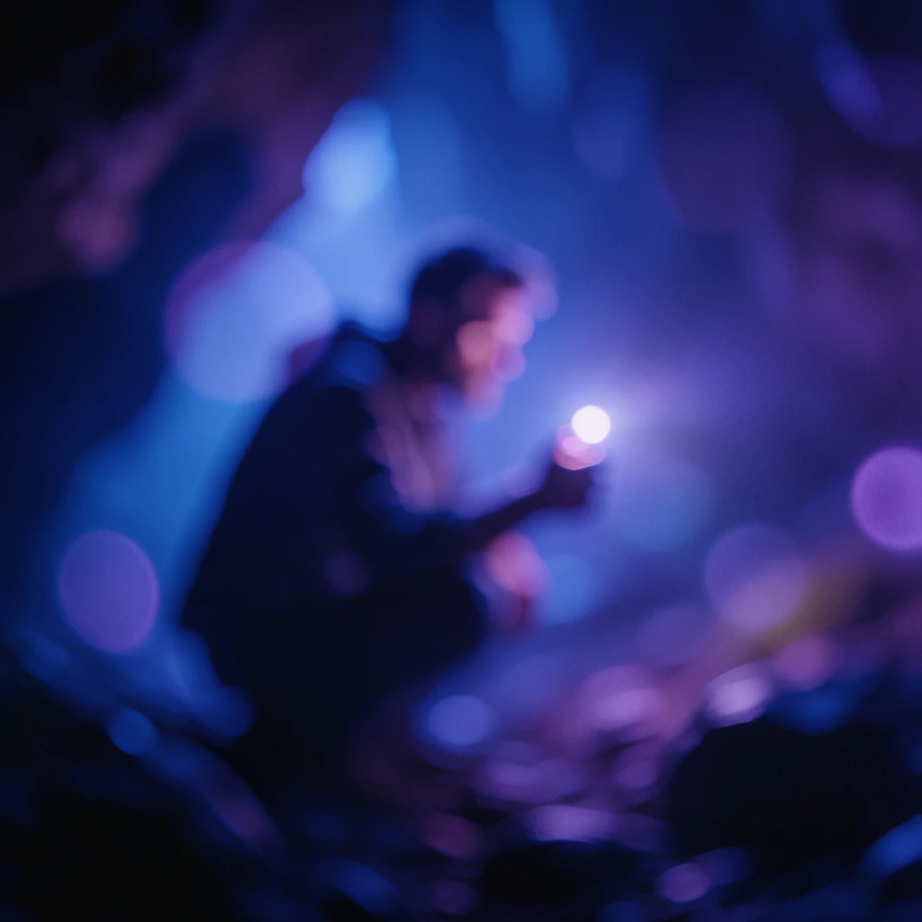 cinematic bokeh photography, extremely out of focus, soft blurred silhouette of a man crouching deep within a dark cave, holding a small mysterious object toward a single point of light, heavy blue and purple color grading, deep indigo shadows, soft violet and white light orbs, ethereal atmosphere, impressionistic blur, vertical composition, low light, painterly quality, moody and mysterious, soft lens flares, grainy texture, abstract shapes blending into darkness.