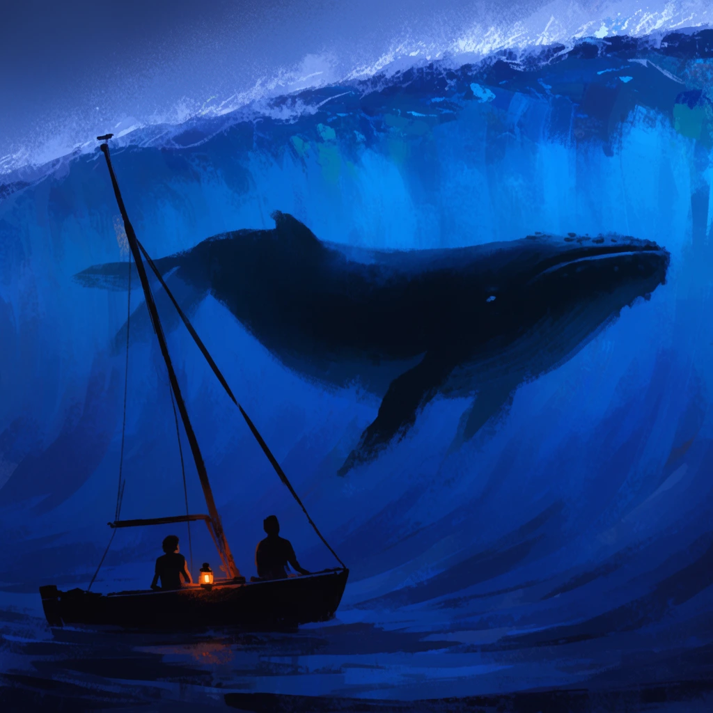 Two silhouetted figures in a small sailboat face a towering ocean wave holding the massive dark shadow of a swimming whale within its translucent blue crest. A glowing orange lantern illuminates the deck. This surreal digital painting features rough brushstrokes, a deep blue monochromatic palette, and dramatic scale.