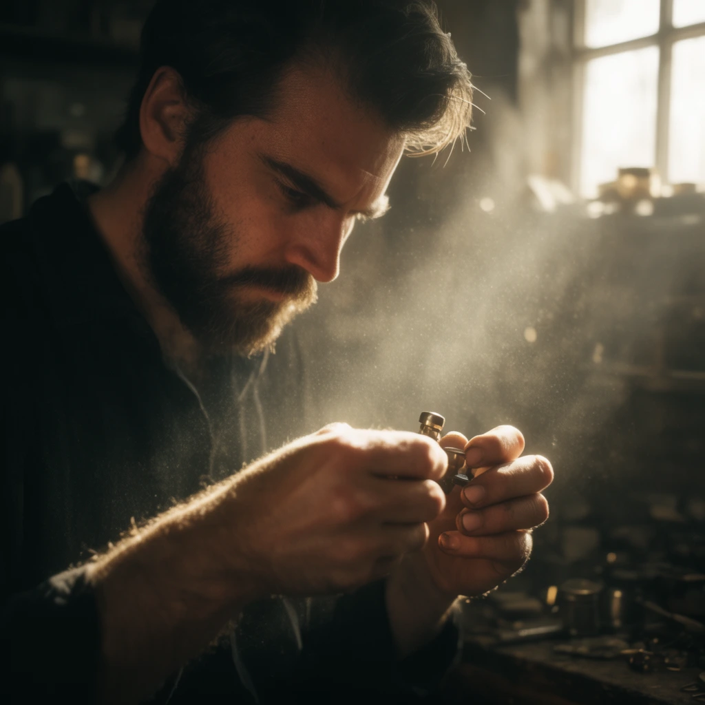 A bearded man in a dark shirt focuses intently on manipulating a small metallic object in his hands. Intense sunlight from an upper-right window floods the dimly lit workshop, illuminating thick, hazy dust motes suspended in the air. The cinematic, shallow-focus shot sharply highlights his face and hands against a blurred background.