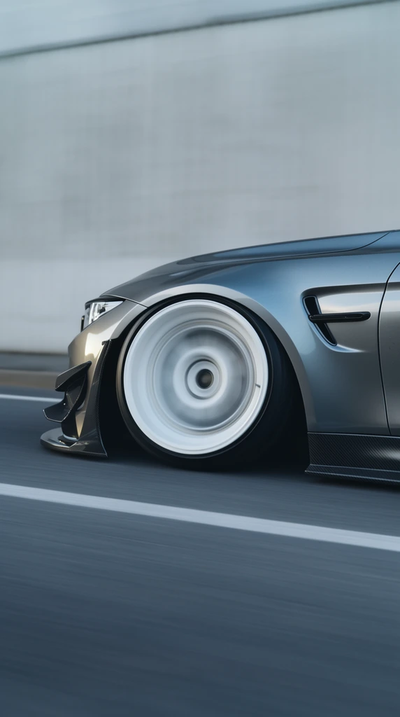 close-up side profile of a metallic grey sports car in high-speed motion, spinning deep-dish white wheel with heavy motion blur, aggressive carbon fiber front splitter, dark fender vent, carbon fiber side skirt, extremely low stance, cinematic automotive panning shot, cool muted color palette, blurred light grey wall background, blurred asphalt foreground with a diagonal white lane line, sharp focus on smooth metallic body panels