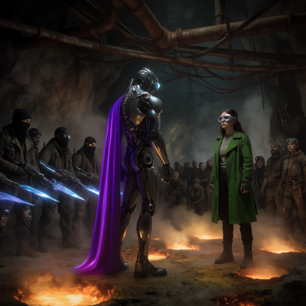 cinematic wide shot of a tense standoff in a gloomy underground cavern, towering cyborg with a metallic torso and neon purple cape facing a young woman in a green trench coat and silver goggles, squad of masked scavengers holding energy spears standing in formation on the left, crowd of rugged mechanics observing from the shadows, glowing geothermal vents illuminating thick fog, overhead tangle of rusted industrial pipes, high contrast lighting