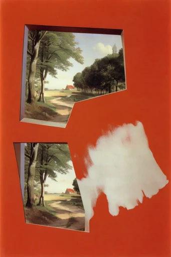 Constructivist Surrealist Collage style reference image — bold red geometric framing