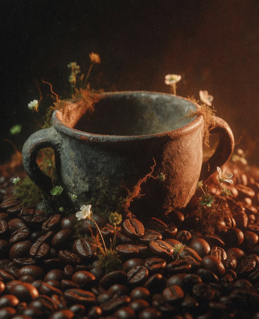ceramic cup with two handles, weathered and aged stoneware texture, emerging from a dense bed of dark roasted coffee beans, dark moody void background, grainy cinematic film aesthetic, dramatic side lighting with deep shadows and glowing highlights, painterly surrealist style, overgrown with tiny wild flowers and mossy tendrils, earthy tones of burnt sienna and deep umber, high contrast, fine grit, analog noise, vintage atmospheric composition, somber poetic mood.