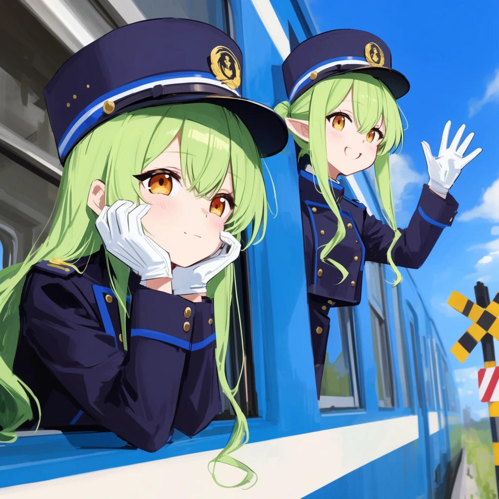 two anime girls with light green hair leaning out of blue train windows, foreground girl resting head on white-gloved hands, navy conductor uniform, amber eyes, second girl above with pointed ears and navy conductor hat waving a white-gloved hand, bright blue sky, railroad crossing sign, dynamic low-angle perspective along the train side, vibrant anime illustration style