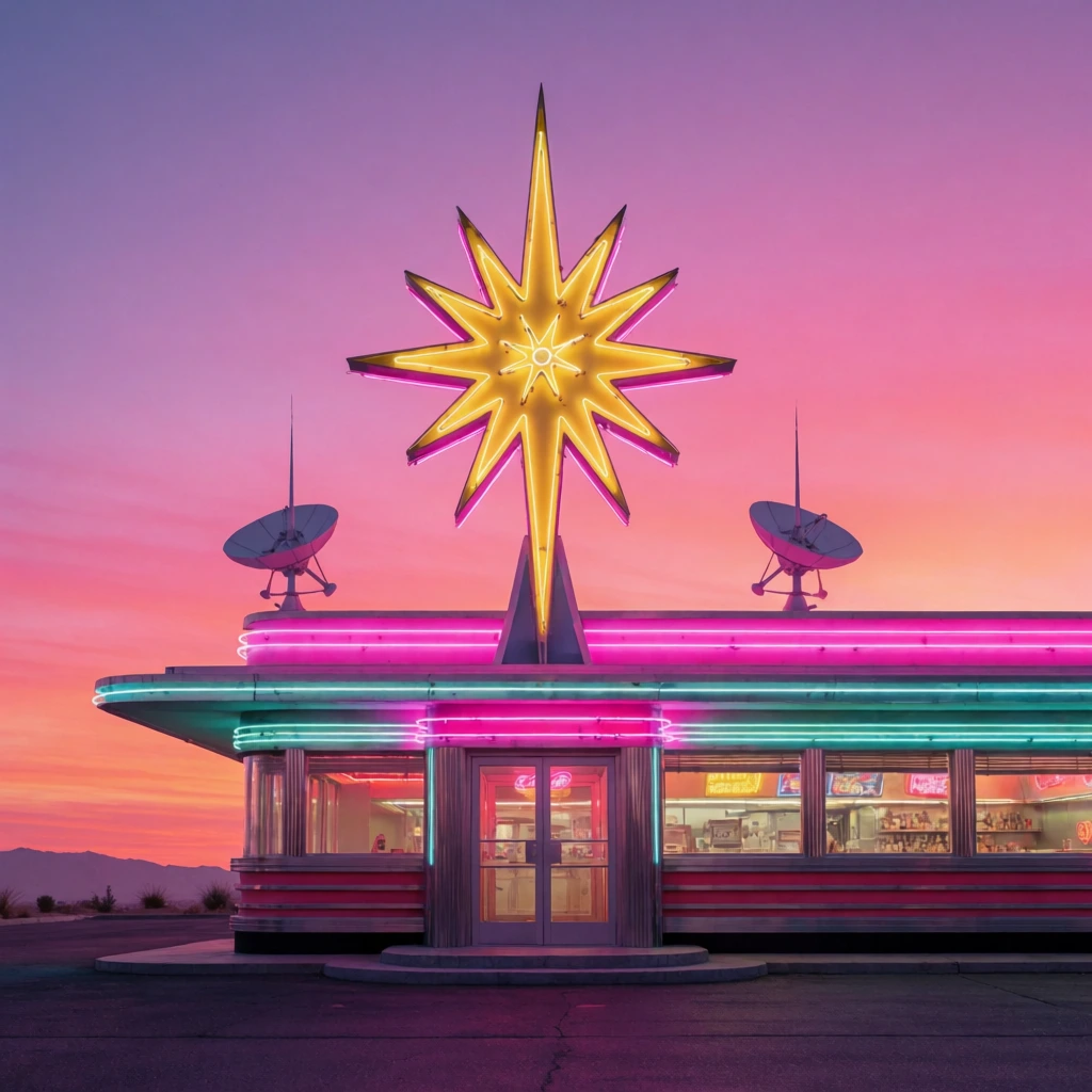 retro Googie diner, glowing yellow and magenta atomic starburst neon sign, flat roof with horizontal neon stripes, satellite spires, vibrant pink and purple gradient sunset sky, synthwave aesthetic