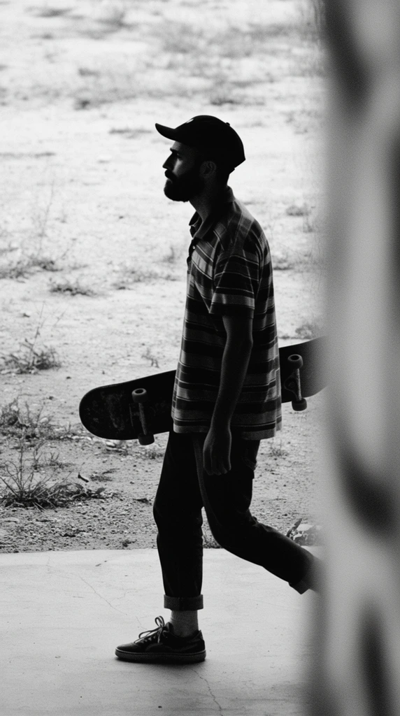 A grainy black and white candid photograph of a bearded man in profile walking leftward, carrying a skateboard by its nose. He wears a dark baseball cap, a short-sleeved striped polo, dark cuffed pants, and sneakers. A heavily blurred vertical form dominates the right foreground, acting as a natural frame. He walks along a smooth concrete surface bordering a dry, dusty expanse dotted with sparse weeds. The high contrast isolates his dark silhouette against the pale background, emphasizing a raw, shallow depth of field street photography aesthetic.
