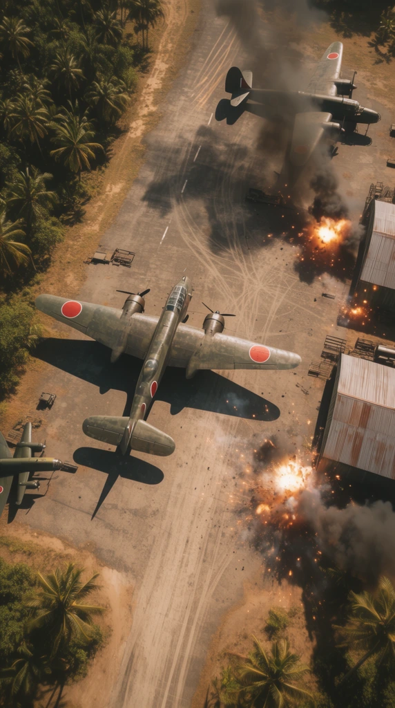 aerial top-down view of a tropical military airfield under attack, parked twin-engine bomber aircraft with red circular wing insignias, black smoke billowing from explosions, sparks near corrugated metal hangars, dusty tarmac with tire tracks, lush palm trees bordering the runway, strong sunlight casting distinct airplane shadows, cinematic, warm color grading