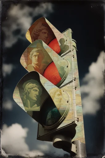 Antiquarian Surrealist Collage style reference image — paper cutout effect