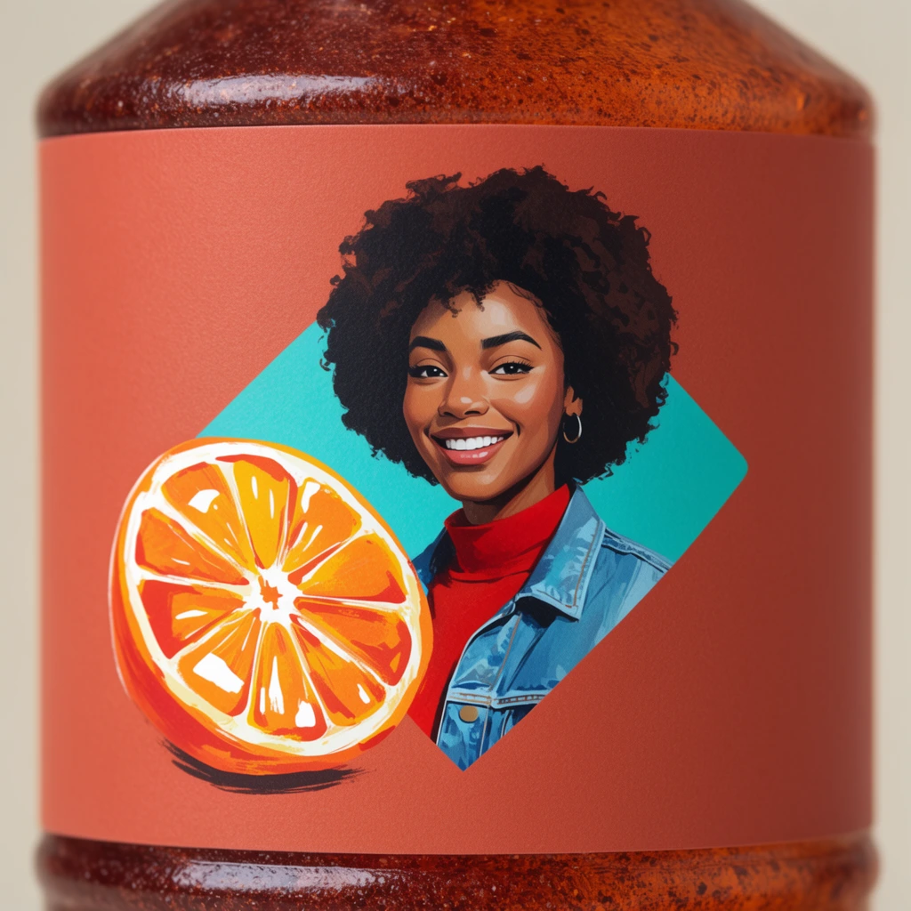 A tight macro shot of a textured, translucent amber plastic bottle displaying a vibrant terracotta-colored label. The label features a clean commercial illustration of a smiling young Black woman with an afro, wearing a denim jacket and red turtleneck, framed within a bright turquoise diamond. A stylized, painterly illustration of a sliced orange with bold white highlights sits to the lower left of the portrait. The matte label wraps around the curved contours of the bottle, revealing a dark, granular liquid inside the plastic vessel. The soft, even studio lighting highlights the varied textures between the glossy bottle, the matte paper label, and the distinct, colorful illustrative elements.