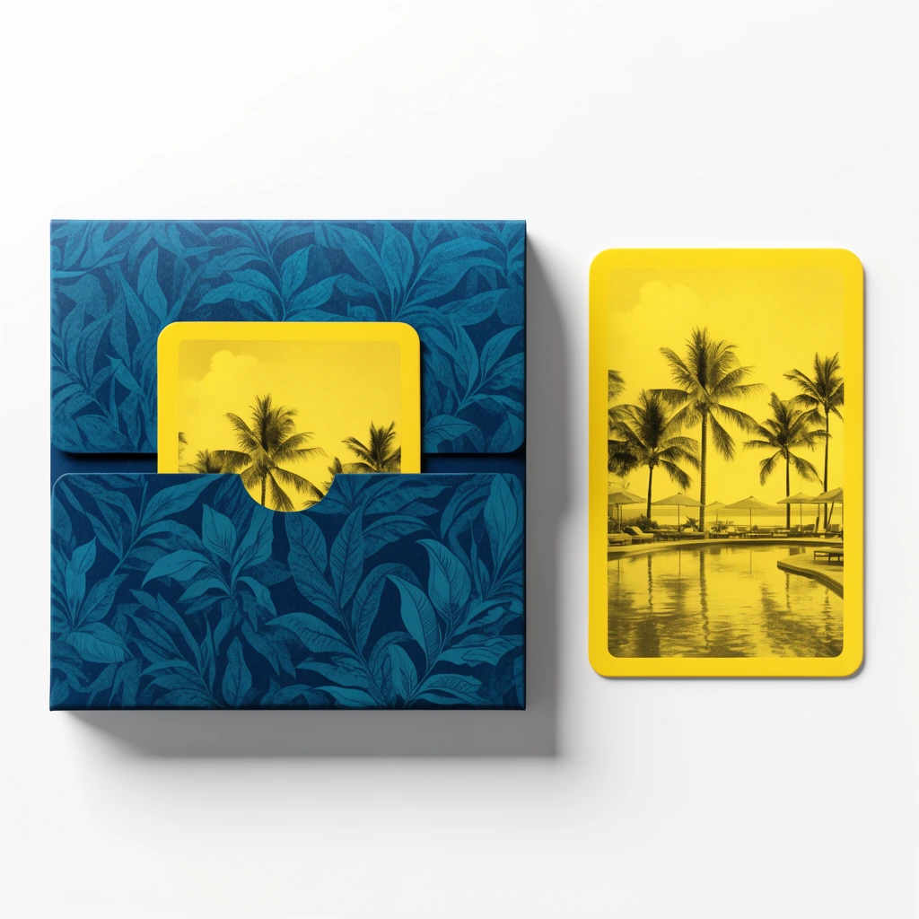 A top-down product mockup of a dark blue paper sleeve and a matching bright yellow plastic card resting on a white surface. The square sleeve features a dense teal botanical leaf pattern and a horizontal slit holding a partially visible yellow card. The vertical yellow card beside it displays a monochrome graphic of a tropical resort pool with palm trees. Clean studio lighting casts soft drop shadows.