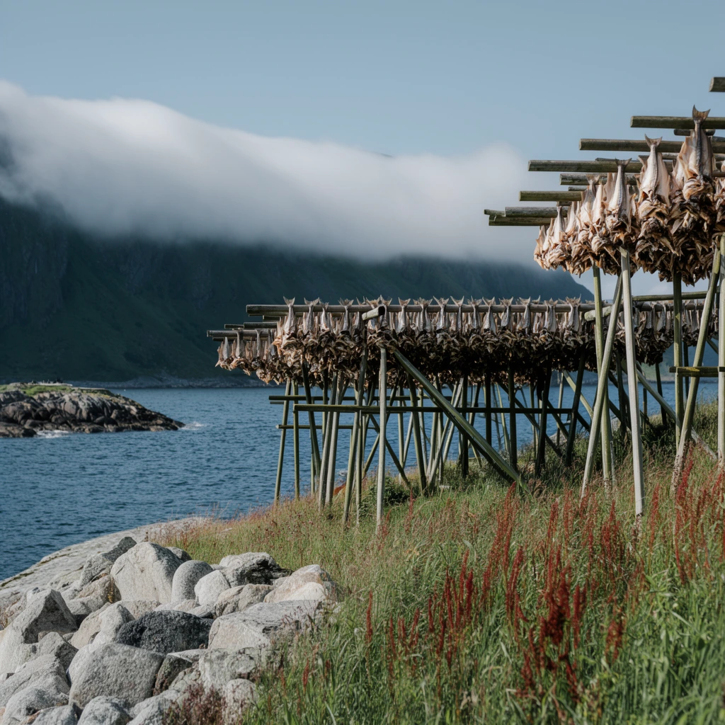 wooden fish-drying racks heavily laden with pale dried fish on a rocky coastal slope, foreground of gray boulders and tall green wild grasses with reddish stalks, deep blue rippling ocean water, small rocky islet to the left, steep dark green mountains in the distance, a thick band of white fog rolling over the mountain peaks, clear pale blue sky, natural daytime landscape photography, deep depth of field, cool and earthy color palette