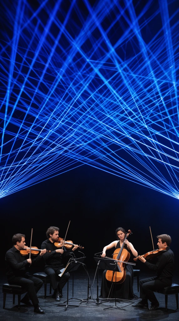 Four classical musicians perform on a dark stage beneath a massive canopy of intersecting electric blue laser beams. The seated string quartet, dressed in black, features three violinists flanking a central cellist in a sleeveless gown. Black music stands and thin microphones face the performers. A dense geometric web of glowing blue light dominates the upper two-thirds of the pitch-black background, creating a striking contrast with the warm wooden acoustic instruments below.