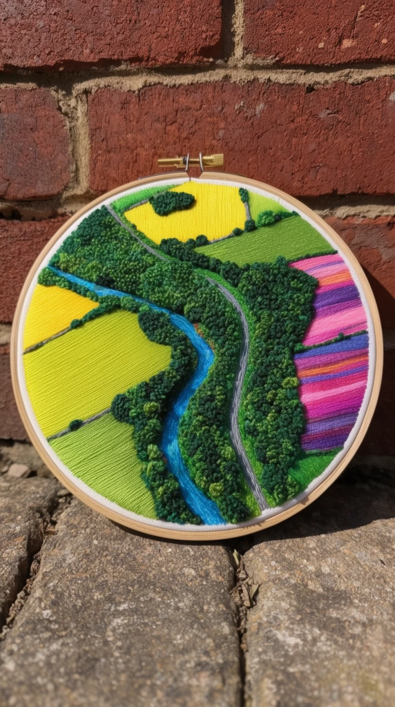 circular embroidery hoop displaying an aerial landscape, tactile thread art, yellow and bright green patchwork fields in smooth satin stitch, colorful pink and purple striped fields, bright blue winding river, dense dark green French knots forming textured forest canopies, thin grey embroidered road, wooden hoop frame, leaning against a weathered red brick wall, resting on rough stone paving, bright direct sunlight, sharp cast shadow, vibrant high contrast colors, crisp macro photography