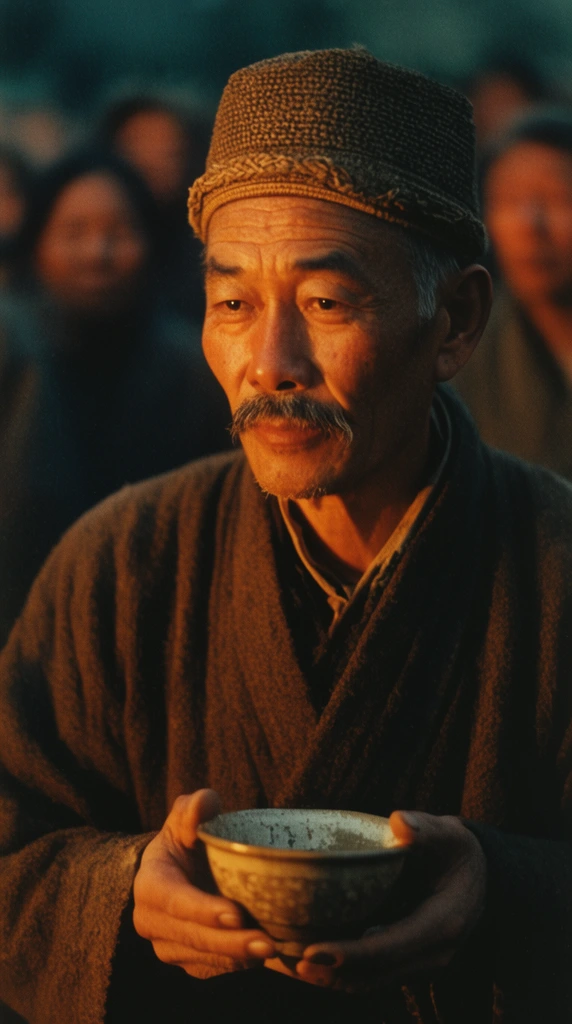 older Asian man with mustache and woven cap, holding ceramic bowl, warm directional firelight, deep shadows, blurred background crowd, vintage 35mm film still