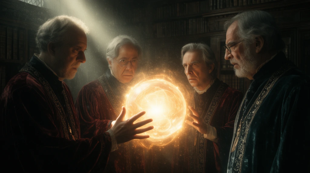 four scholars in velvet robes surrounding a intensely glowing magical orb, dark wood-paneled library, bright beam illuminating tense faces, cinematic low-key lighting, deep shadows, atmospheric dust
