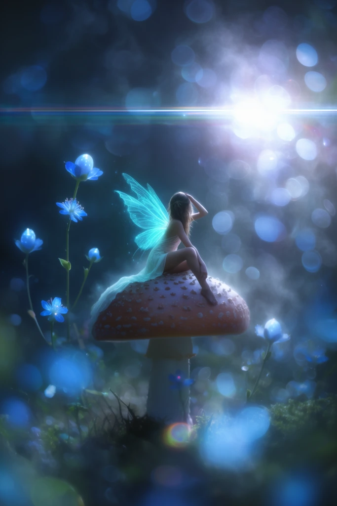 Tiny fairy with luminous cyan wings sitting on a spotted mushroom, glowing blue flowers on slender stems, dark enchanted forest setting, intense horizontal lens flare, heavy blue and white bokeh circles, ethereal mist, digital fantasy painting, soft focus magical atmosphere