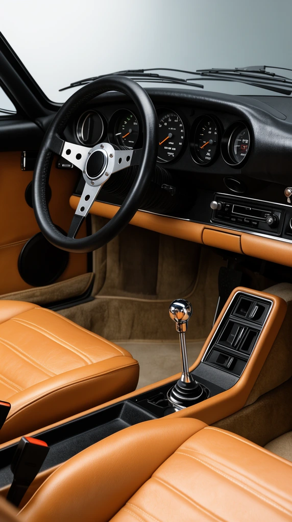 Vintage sports car interior with premium tan leather seats and a sharply angled center console. A black dashboard frames a three-spoke steering wheel and a chrome gated manual shifter. Crisp studio lighting highlights the rich textures.
