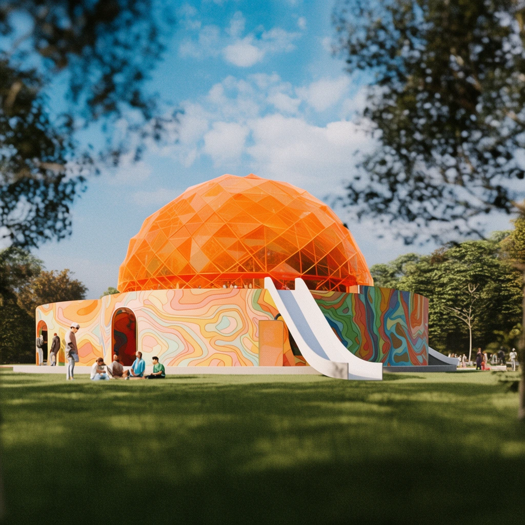 A vibrant architectural pavilion with a semi-transparent faceted orange dome stands in a lush green park. Its curved walls feature colorful abstract topographical patterns and a white slide. Softly rendered figures gather on the grass nearby. Blurred, dark foreground trees frame this bright, grainy 3D architectural rendering under a sunny blue sky.