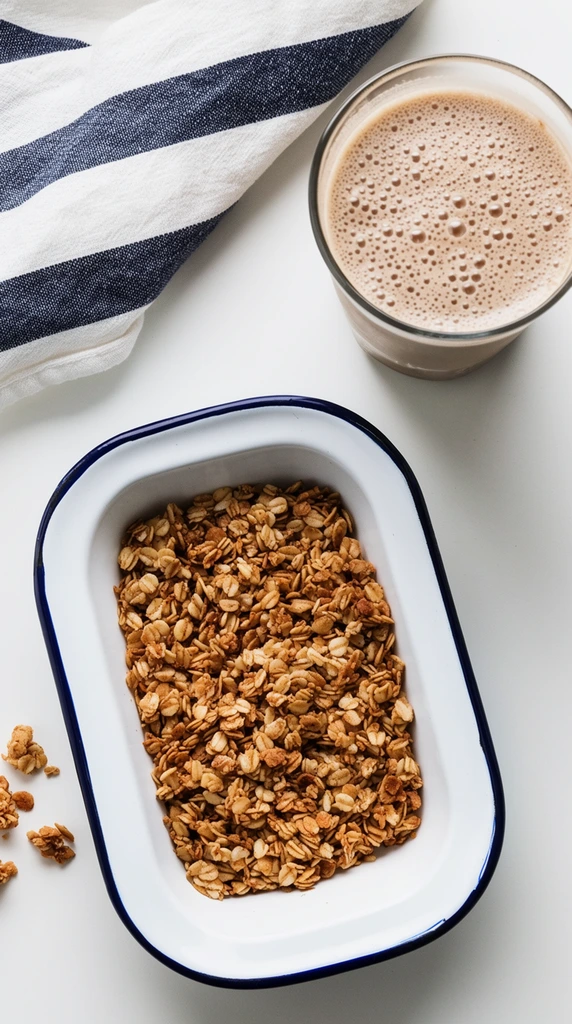 Top-down flat lay of a minimalist breakfast setting on a stark white surface. A rectangular white enamel dish with a dark blue rim contains a layer of golden-brown toasted granola. A few loose granola clusters rest directly on the surface beside the dish. In the upper left corner, a folded white cloth napkin features thick dark blue horizontal stripes. In the upper right, a clear glass holds a light-brown frothy beverage capped with abundant small surface bubbles. The composition features soft, diffused lighting that casts gentle shadows toward the bottom right, creating a bright, clean food photography aesthetic focused on warm tan, crisp white, and navy blue tones.