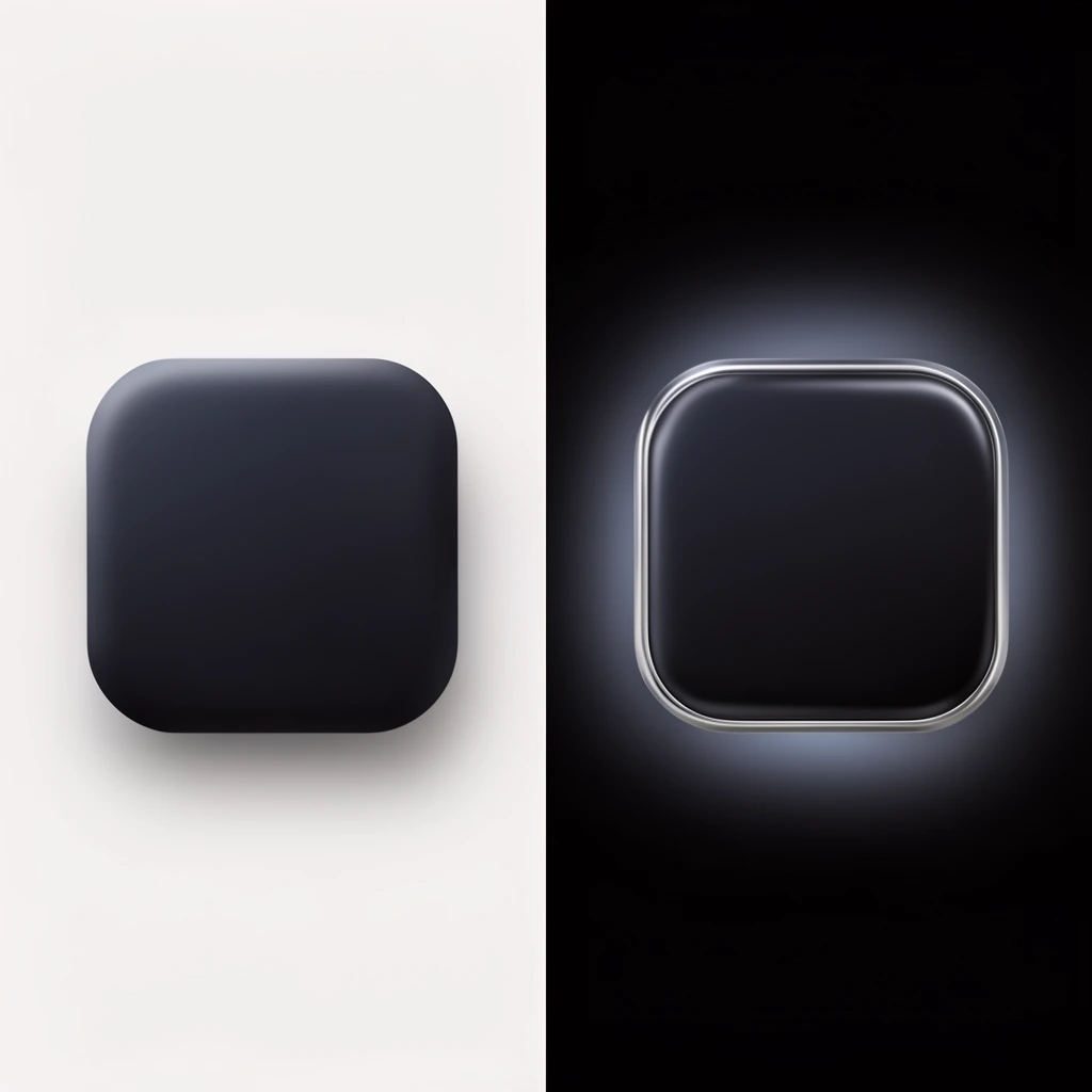 A split minimalist graphic featuring two dark rounded squares. The left rests on a white background with a soft drop shadow. The right sits on a black background, framed by a glossy silver rim and illuminated by a gentle backlight.
