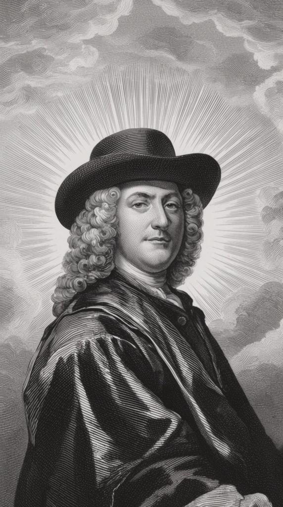 A classic, vintage steel engraving portrait of a man wearing a wig, a hat, and a coat, rendered entirely through meticulous black-and-white linework. The centrally positioned man is depicted from the chest up, featuring deep, dramatic shadows and stark highlights constructed from varying densities of parallel hatching and intricate cross-hatching. Dense, heavy lines build the dark, structural folds of his coat and cast intense shadows beneath the brim of his prominent hat, while extremely fine, sparse lines define the textured, tightly coiled curls of his wig and the illuminated features of his face. Directly behind his head and upper body, a brilliant, radiating sunburst halo emanates outward, formed by precise, straight radial lines extending outward from his silhouette. The surrounding background features stylized, billowing clouds delineated by sweeping, contoured etching lines that curve and vary in weight to create volumetric, atmospheric shapes. The entire composition is a monochromatic grayscale intaglio print, utilizing extreme chiaroscuro contrast and highly detailed, mechanical engraving techniques to achieve striking optical luminosity and crisp texture.