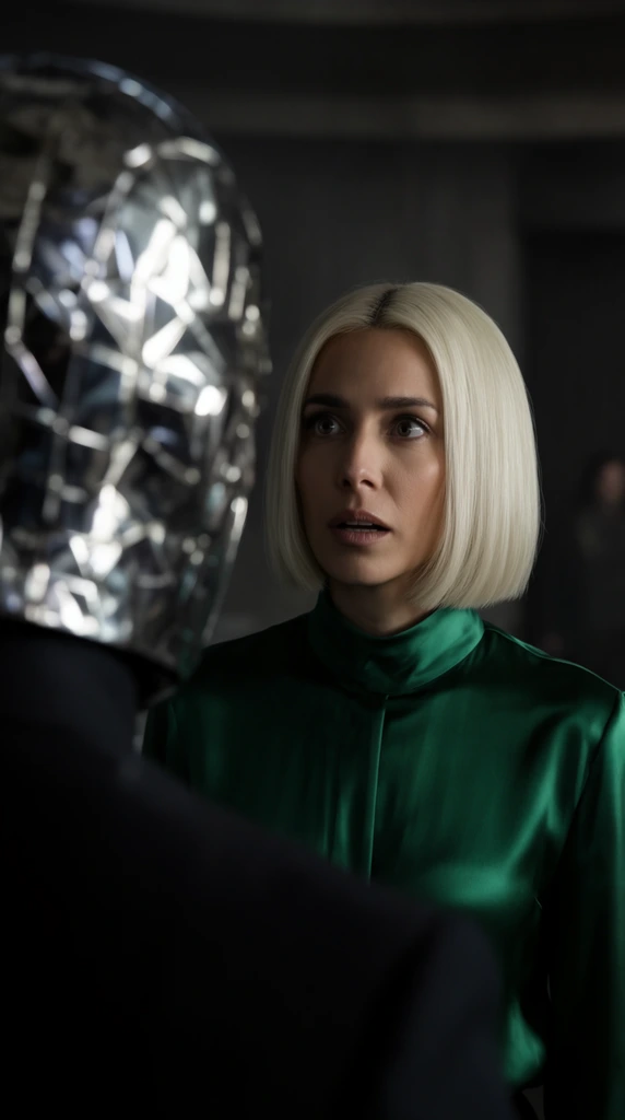 A cinematic over-the-shoulder shot of a woman with a sleek platinum blonde bob haircut, wearing a lustrous emerald green silk blouse with a high collar. Her face is in crisp focus, illuminated by moody key lighting from the left that casts soft shadows and highlights an expression of profound awe. In the extreme blurred foreground on the left, the back of a figure wearing a highly textured, reflective silver geometric helmet dominates the frame, catching abstract glints of light. The background is a dimly lit, out-of-focus interior with muted charcoal tones. Shot in a widescreen aspect ratio with a shallow depth of field, creating rich contrast between the emerald silk and the metallic gleam of the obscured foreground helmet.
