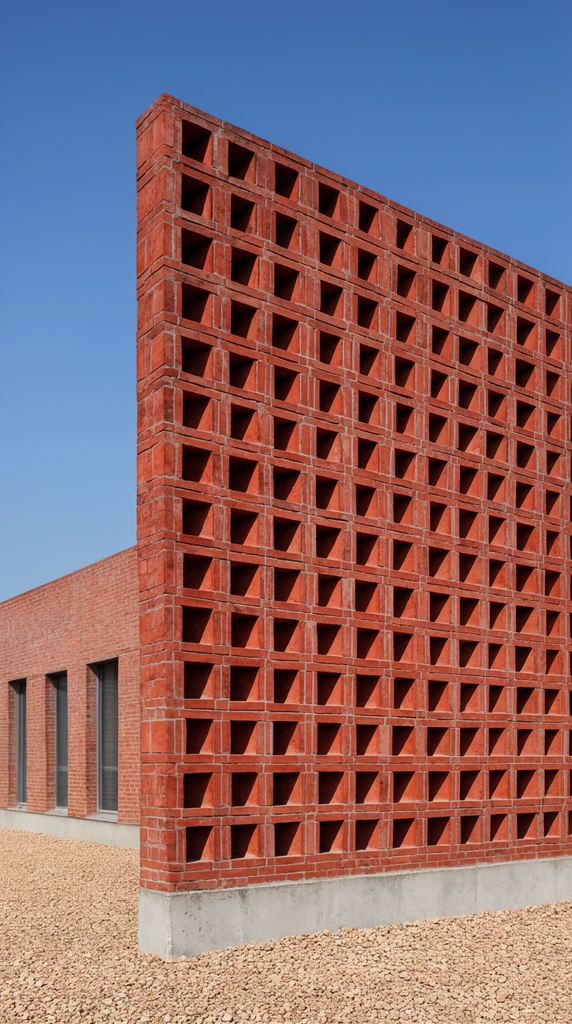 A large rectangular architectural structure features a grid-like facade of red clay bricks with recessed square openings. Bright sunlight casts sharp diagonal shadows within each cavity. The wall rests on a concrete base over light brown gravel. A lower brick building with rectangular windows sits to the left under a clear blue sky.