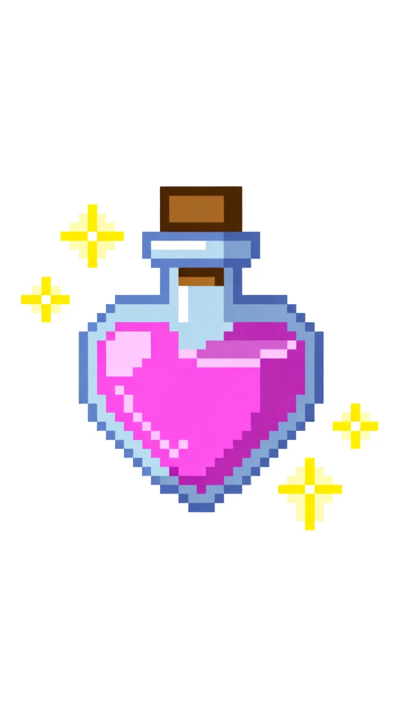 A pixel art illustration depicts a heart-shaped glass potion bottle filled with a vibrant pink liquid, centered against a solid white background. The bottle's exterior is outlined in shades of light and medium blue, while the liquid inside occupies most of the heart shape, featuring a bright magenta core with light pink highlights on the upper left side and darker pink shadows on the right. A narrow bottleneck with a flared blue rim is topped with a brown wooden cork, which has a darker horizontal stripe for detail. Surrounding the bottle are four yellow sparkles of varying sizes; two are located to the left and two to the right. The sparkles are cross-shaped, with bright yellow centers and lighter yellow outer pixels, suggesting a magical or glowing effect. The entire image is rendered in a clean, low-resolution pixel art style with distinct square blocks of color, a centered composition, and even lighting that emphasizes the bottle's symmetrical form and the shimmering quality of the liquid.