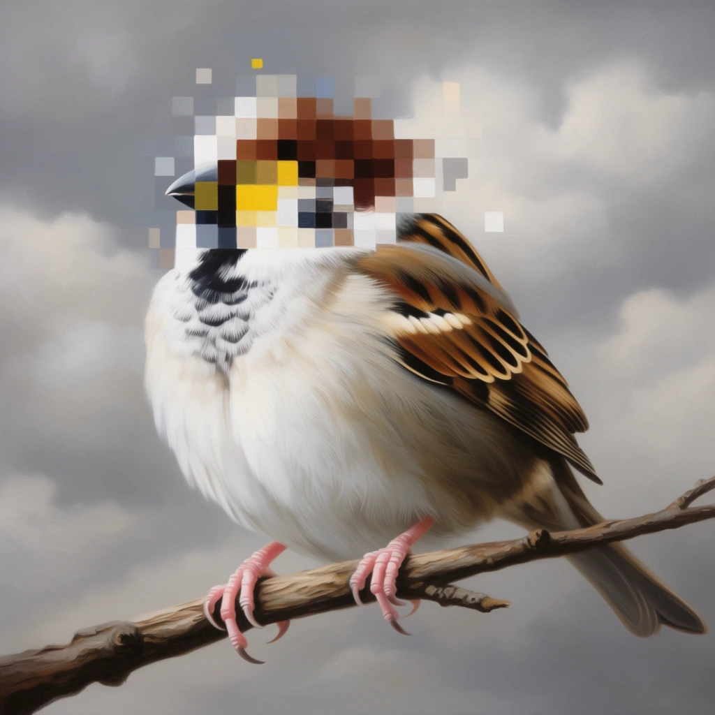 painting of a sparrow perched on a bare branch against a cloudy grey sky, surreal conceptual art, bird's head is heavily pixelated with large digital blocks of brown white and yellow, realistic feather textures on white breast and brown striped wings, pink claws gripping wood, soft diffuse overcast lighting, muted color palette, traditional oil painting with digital glitch effects