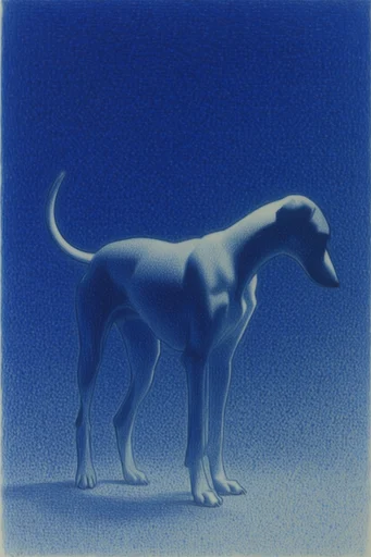Monochromatic Cobalt Surrealism style reference image — hand-drawn wax crayon texture