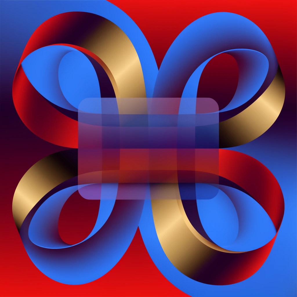 abstract symmetrical vector art, fluid bright blue and deep red ribbon-like looping curves, sweeping metallic gold and dark purple gradient bands, semi-transparent central rectangular overlay creating subtle color shifts, dynamic overlapping geometry