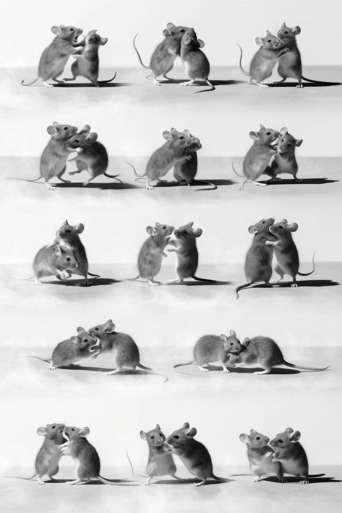 A monochromatic, hyper-realistic model sheet presenting multiple sequences of two mice engaged in dynamic physical interactions against a pristine white studio background. The grayscale mice are arranged systematically across the frame, depicted in various stages of grappling, tumbling, and close physical entanglement. Their anatomy and fur are rendered with microscopic precision, catching stark, directional lighting that highlights individual hairs and creates intense volumetric contrast. The subjects are positioned on a smooth, light gray ground plane that generates sharp, distinct black cast shadows to the right of each paired figure. A delicate, ethereal layer of low-lying mist curls and diffuses across the flat floor beneath the interacting rodents. The composition utilizes immaculate focus and extreme clarity, merging the structural, multi-pose layout of character reference sheets with the exacting, purely black-and-white aesthetic of high-end editorial macro photography.