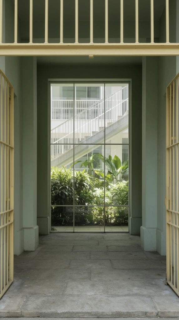 A strictly symmetrical view down a pale sage green architectural corridor leading to a bright outdoor courtyard. Open pale yellow metal security gates and an overhead beam frame the immediate foreground. Smooth walls with thick square columns flank a gray concrete flagstone floor. At the end of the shadowed hallway, a floor-to-ceiling glass wall divided by a thin metal grid reveals a sunlit garden. Dense tropical plants grow vigorously just outside the glass. Behind this foliage, a white staircase with a vertical metal railing ascends diagonally across the facade of a modern building. Soft natural light creates a pronounced contrast between the muted interior and the luminous exterior space.