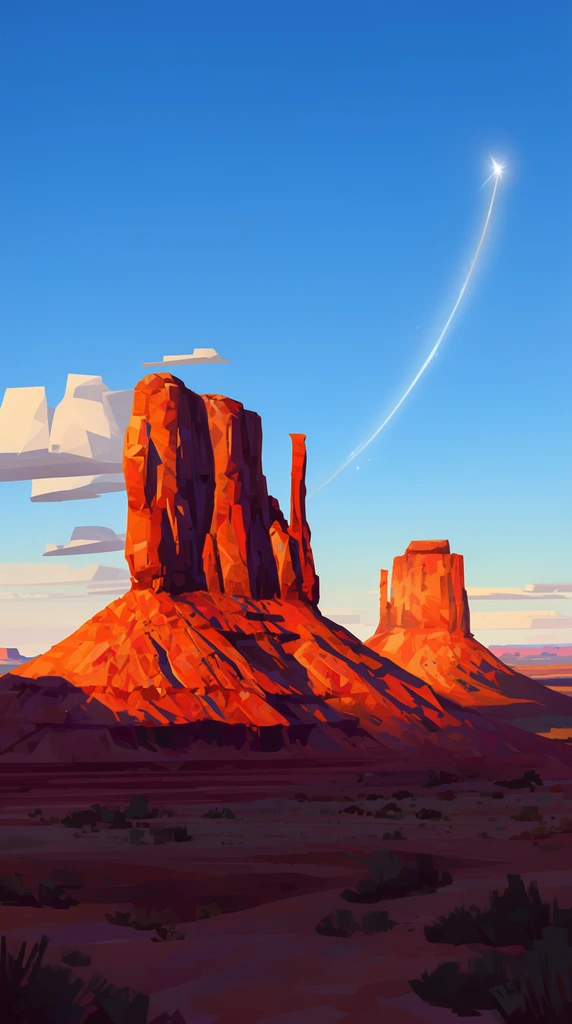 A stylized digital painting of towering desert buttes illuminated by intense golden-hour sunlight against a clear azure sky. Two massive red sandstone rock formations dominate the landscape, with the larger left structure featuring a tall, slender spire. The rugged, faceted rock surfaces are rendered with thick, angular brushstrokes, creating sharp contrast between blazing orange sunlit faces and deep purple shadows. The foreground is a flat, shadowy desert floor dotted with sparse dark scrub brush, leading toward distant lower mesas on a pale horizon. A glowing white streak with a bright star-like point arcs upward through the right side of the sky, while a few horizontally flattened, blocky clouds drift near the left butte. The wide landscape composition features a vibrant concept art aesthetic with highly saturated colors and chunky, geometric textures.