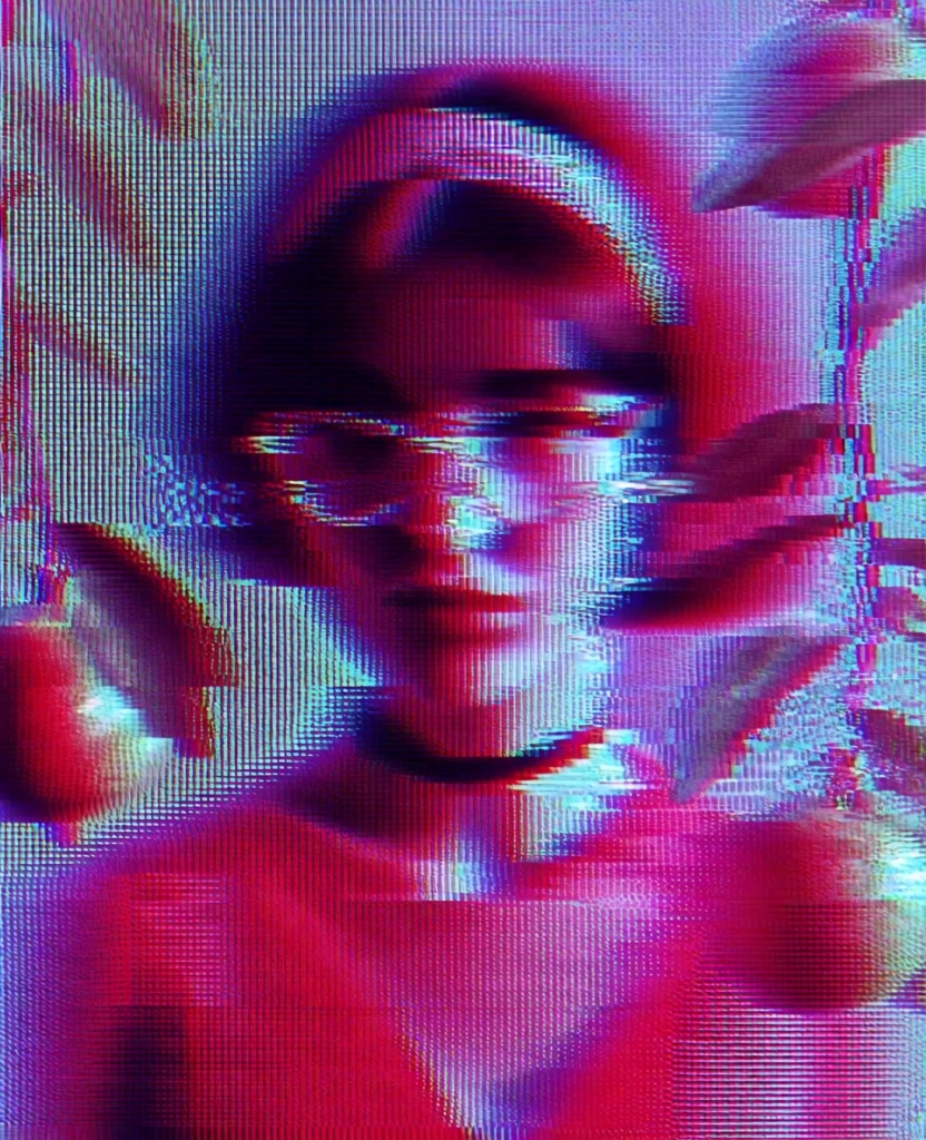 central portrait of a woman wearing glasses, a headband, and a choker, flanked by botanical leafy vines and pomegranates, rendered in a heavy digital glitch aesthetic, visible rgb sub-pixel grids, vertical and horizontal scanlines, saturated magenta and electric blue color shifts, distorted datamoshing artifacts, offset horizontal blocks, lo-fi crt monitor texture, chromatic aberration, vibrant ruby red and violet tones, macro screen photography style, textured pixelated finish.