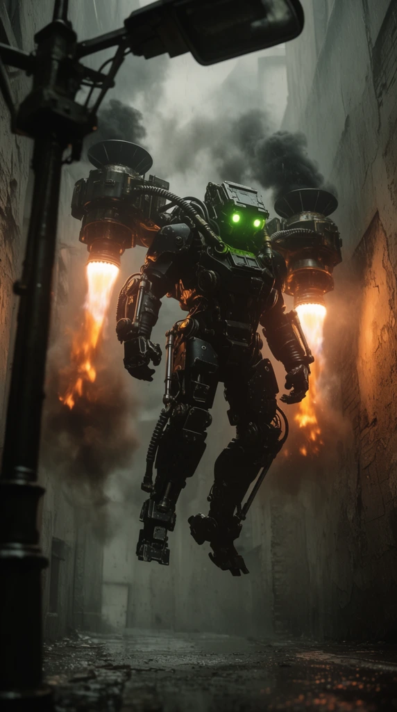 A towering, diesel-punk exo-suit hovers aggressively above a rain-slicked concrete alleyway. The bulky, asymmetrical mechanical suit is constructed from matte black metal featuring exposed hydraulic pistons, thick braided cables, and glowing neon green optical sensors on a blocky helmet. Massive twin turbine jetpacks mounted on the broad shoulders blast thick dark smoke and jagged orange exhaust flames, sustaining its mid-air suspension. The surrounding environment is a narrow, claustrophobic corridor with crumbling walls. In the extreme left foreground, the silhouetted metallic framework of an industrial streetlamp frames the shot. The cinematic composition uses an extreme low-angle perspective looking up at the machine, featuring high-contrast lighting where the harsh orange glow of the jetpack exhaust pierces through dense atmospheric smog, creating a gritty, photorealistic sci-fi aesthetic.