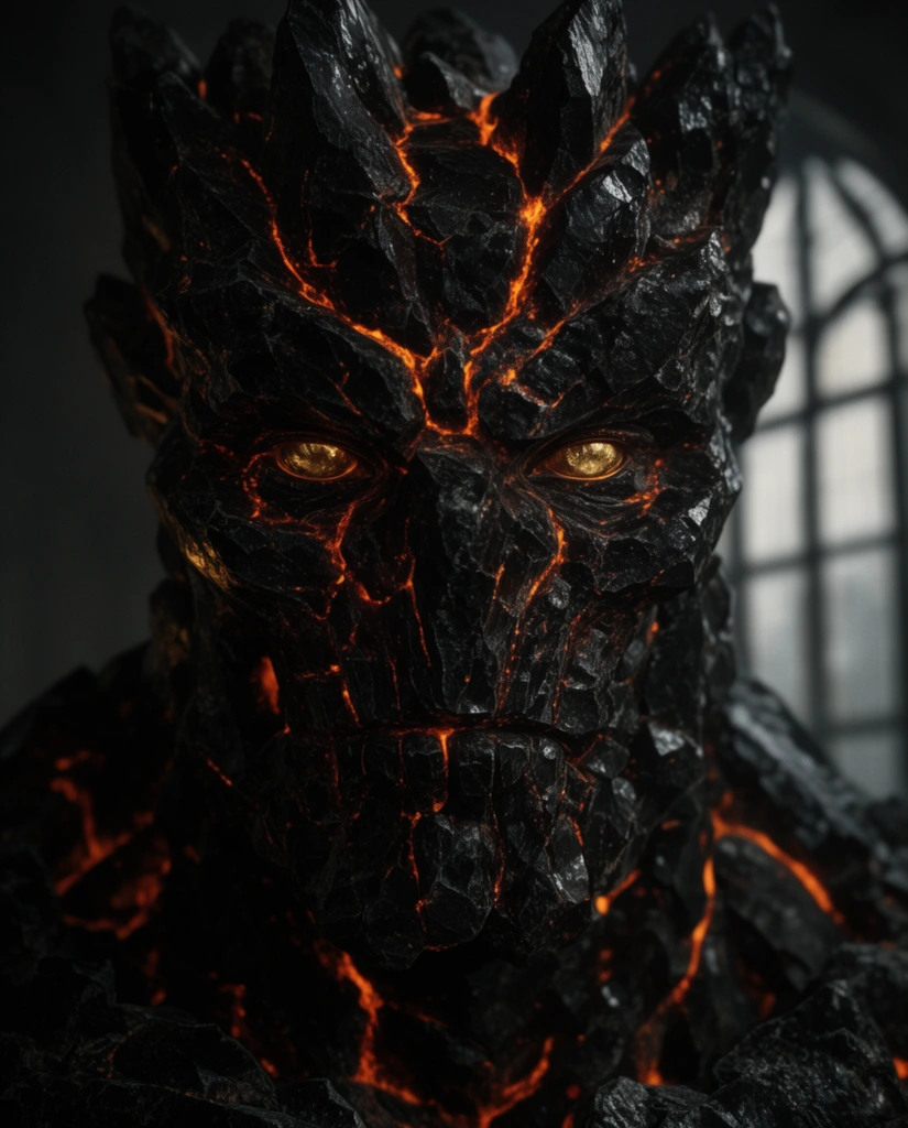 close-up portrait of an obsidian stone golem face, jagged crystalline texture, deep magma crevices forming facial contours, intense molten gold eyes, dim atmospheric lighting, heavy shadows, cinematic framing, fiery amber and deep charcoal color palette, blurred arched window in the background, sharp focus on the cracked rocky surface, high-contrast chiaroscuro, photorealistic