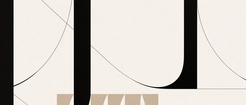 Solid black vertical pillars and fluid sweeping curves form a minimalist abstract arrangement on a warm, textured off-white background. Razor-thin diagonal lines slice through and connect the thicker dark structures, creating dynamic tension. A subtle row of muted tan geometric shapes rests below. The stark layout relies on precise high-contrast linework, bold graphic mass, and expansive negative space, enhanced by a delicate tactile grain.