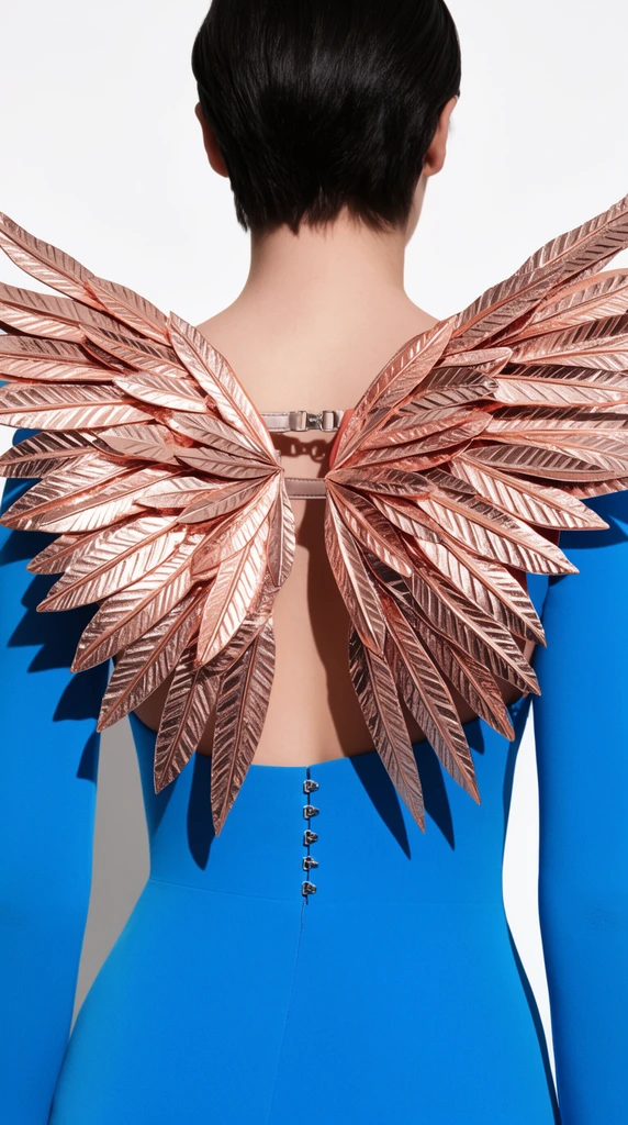 back view of a person in a vibrant blue open-back top, large sculptural rose-gold wings attached to a back harness, wings made of overlapping rigid metallic leaf-like feathers with textured veins, small silver clasps on the lower back seam, sharp drop shadows on the bright blue fabric, minimalist white studio background, high fashion photography, stark contrast, sharp focus