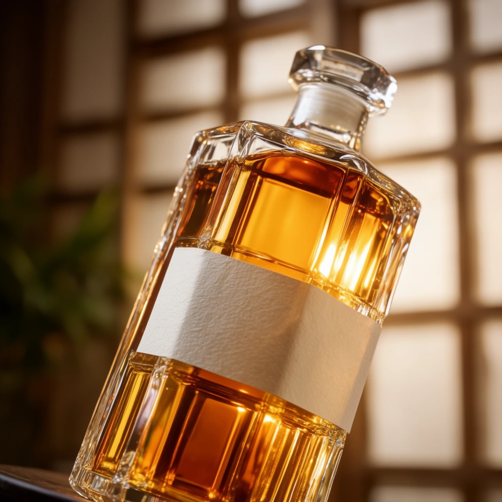 A tilted close-up of a multisided crystal bottle filled with glowing amber liquid. The heavy glass catches the light, illuminating the golden beverage while bright reflections run vertically along the ribbed facets. A textured off-white paper band wraps around the central section of the glass. The deeply blurred background features a grid-like wooden lattice with translucent panels and a hint of green foliage on the left. Captured with shallow depth of field, the cinematic product photography highlights the luminous warm palette and crisp textures through strong backlighting.