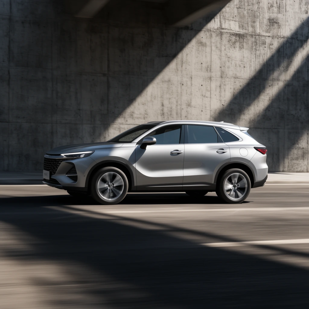 A sleek silver SUV speeds across a blurred road against a textured brutalist concrete wall. Dramatic diagonal shadows from an overhead structure slice across the background and vehicle in this high-contrast commercial automotive shot.