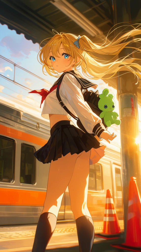 anime illustration of a girl on a train platform, long blonde twintails blowing in the wind, blue eyes looking back, white cropped sailor shirt, exposed midriff, dark pleated skirt, backpack with green plushie, train with orange stripe behind her, station pillar, traffic cone, dramatic golden hour sunlight, rim lighting, lens flare, dynamic low angle, vibrant colors