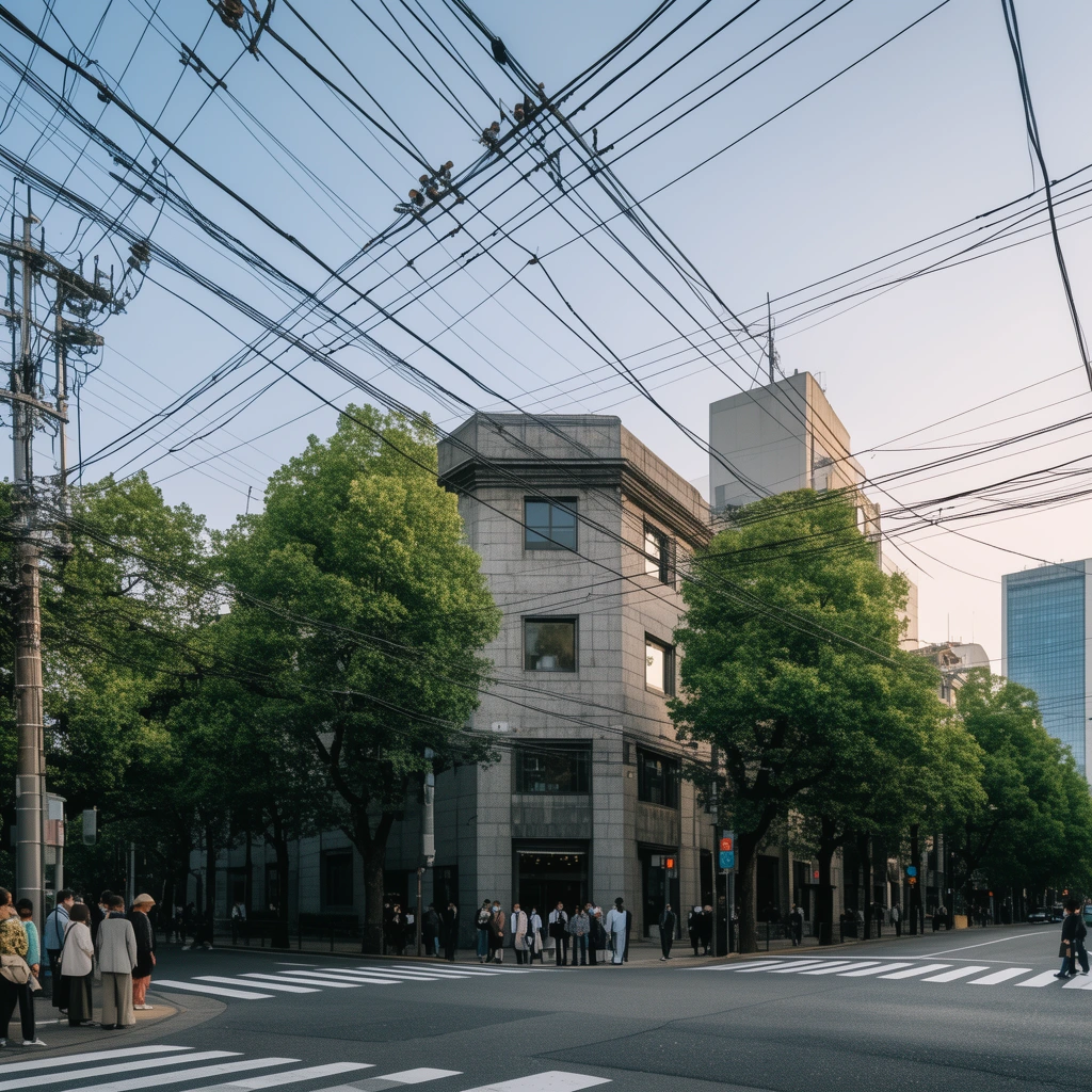Wide urban intersection, dense web of black overhead cables crisscrossing a pale blue sky, mature green trees lining sidewalks, pedestrians waiting at zebra crossings, grey stone corner building, distant glass skyscraper, soft daylight, realistic street photography