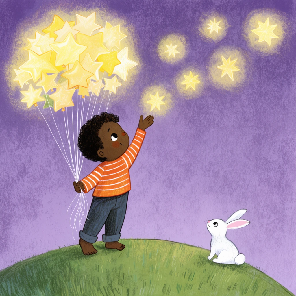 young boy with dark skin and curly hair standing barefoot on a curved green hill, wearing an orange and white striped shirt, holding a large cluster of glowing star-shaped balloons by thin white strings in his left hand, right arm reaching up to release a glowing star into a textured purple sky, several glowing stars floating away emitting soft yellow halos, small white rabbit sitting in the grass looking up, whimsical children's book illustration, hand-drawn pastel textures