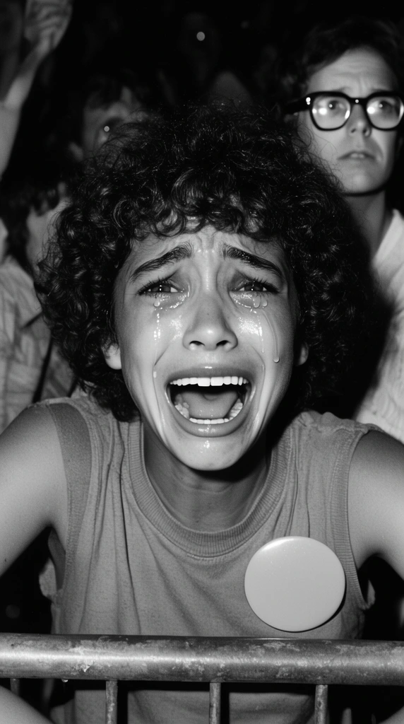 Black-and-white close-up of a hysterical youth with curly hair crying intensely against a barrier. High-contrast flash lighting illuminates their tearful, open-mouthed expression and sleeveless top bearing a large round pin. A spectator with thick glasses watches from the crowded, shadowed background.